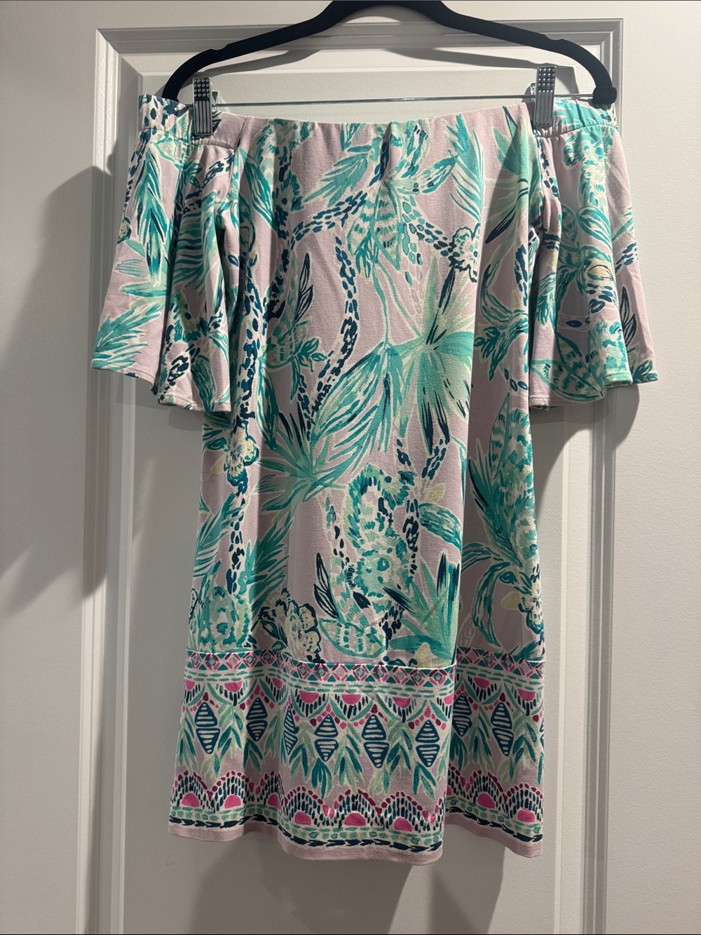 Lilly Pulitzer Pink Floral Off-Shoulder Mini Dress with Teal koala print